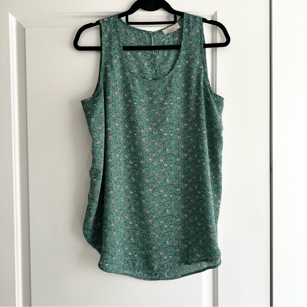 LOFT Green & White Floral Sleeveless Scopp Neck Tank Top